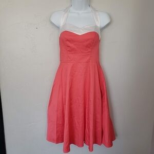Dress Tells Women's Small Coral Pink Pin Up Dress Halter Top White Satin VLV